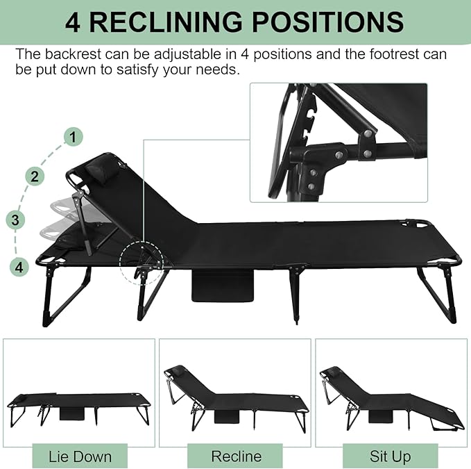 Foldable Camping Cots for Adults Adjustable 4-Position Adults Reclining Folding Chaise Outdoor Portable Folding Lounge Chair Sleeping Cots Bed with Pillow Mattress Carrying Bag for Camping Pool