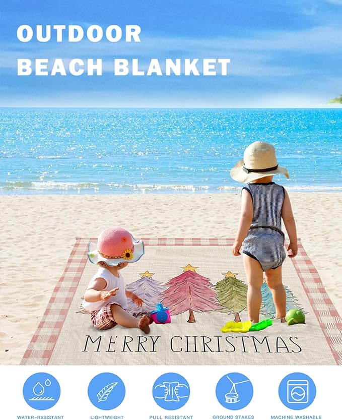 Beach Blanket Waterproof Sandproof OversizedChristmas Colorful Xmas Tree Stars Beach Mat with Corner Stakes Sand PocketsPink Plaid Vintage Linen Outdoor Picnic Mat for Travel Camping 95x80In