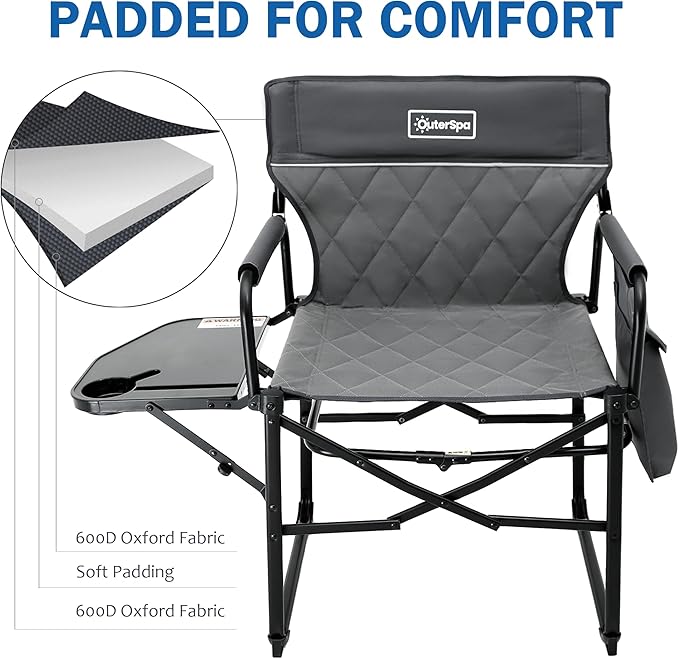Oversized Directors Chairs Heavy Duty Folding Outdoor Chairs with Detachable Side Pocket and Adjustable Side Table for OutsideLawnFishing Folding Camping Chair up to 350Lbs Capacity (Grey)