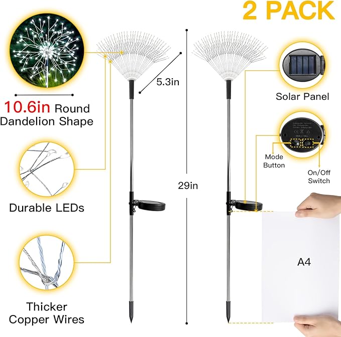 suddus Solar Garden Lights Outdoor Waterproof Decorative 2Pack 150LED Firework Lights Solar Fairy Lights for Yard Garden Party Patio Pathway Flowerbed - White