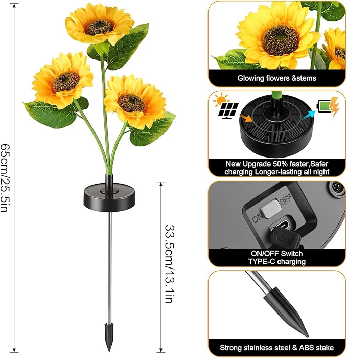 Upgraded Solar Sunflower Lights 4-Pack Solar Garden Lights with Bigger Round Panel 40-Hour Runtime for Indoor &amp Outdoor Decor Waterproof for Patio Yard Garden