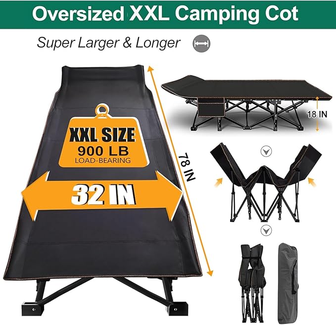 LILYPELLE 2 Pack Folding Camping Cot W/Mattress 78 L x 32 W x 18 H Cot Bed Heavy Duty Wide Camping Cot XXL for Adults Portable Sleeping Cot Bed for Travel Camping/Office Home Nap