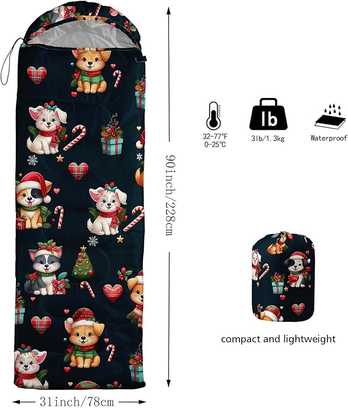 HOSIMA Kids Cute Dog Sleeping BagDifferent Pet Dogs Pattern Cold Weather Gear for CampingAnimal Themed with Christmas Tree Print Waterproof Sleeping Bags for Outdoors Hiking.