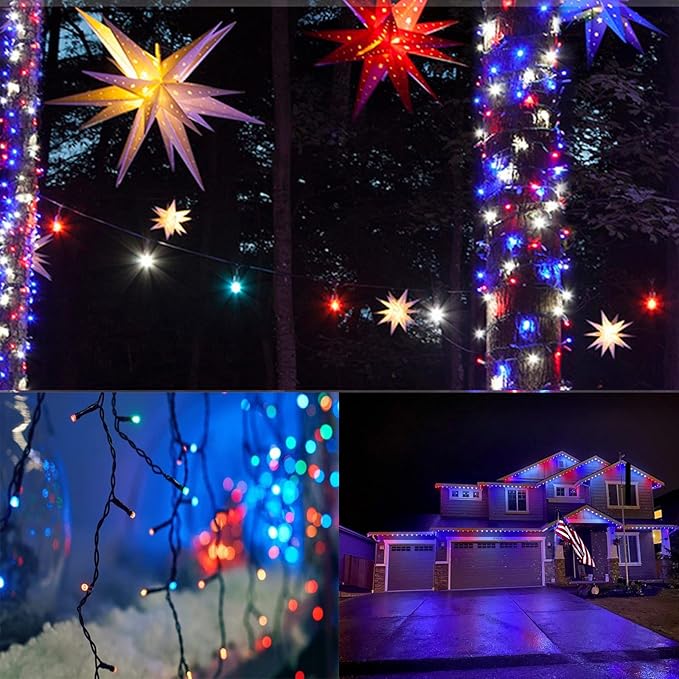 4pk Solar Christmas Lights Outdoor Red White and Blue Solar String Lights 400LED 132FT LED 4th of July Light Waterproof Solar Fairy Twinkle Light for Xmas Tree Independence Day Party Decorations
