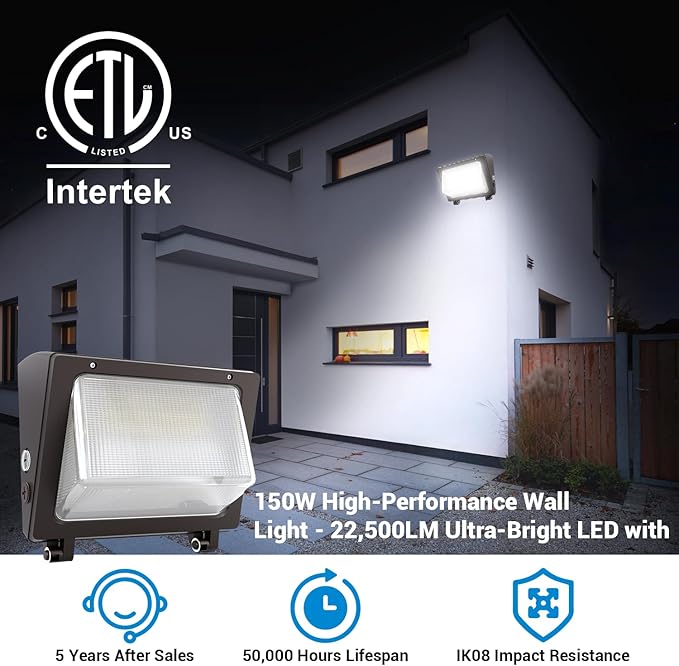 JTT 150W LED Wall Pack Light with Dusk to Dawn Photocell22500LM 5000K Daylight IP65 Waterproof WallPack Lights Outdoor LED [Eqv. 1200W HPS/HID] for Parking LotWarehouseYard ETL | 5-Year Warranty
