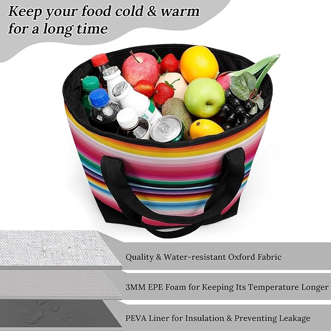 Insulated Shopping BagLarge Reusable Cooler Bags Colorful Mexican Stripes Printed Foldable Shopping BagTravel Waterproof Shoulder Bag