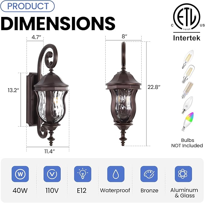 Outdoor Wall Sconces Brown Outdoor Porch Lights 22.8 H Large Exterior Wall Lanterns Waterproof Exterior Lighting Fixtures with Water Glass for Patio Garage Doorway