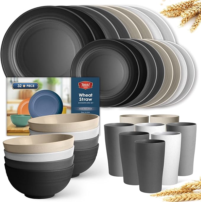 Teivio 32-Piece Kitchen Plastic Wheat Straw Dinnerware Set Service for 8 Dinner Plates Dessert Plate Cereal Bowls Cups Unbreakable Colorful Plastic Outdoor Camping Dishes Stone