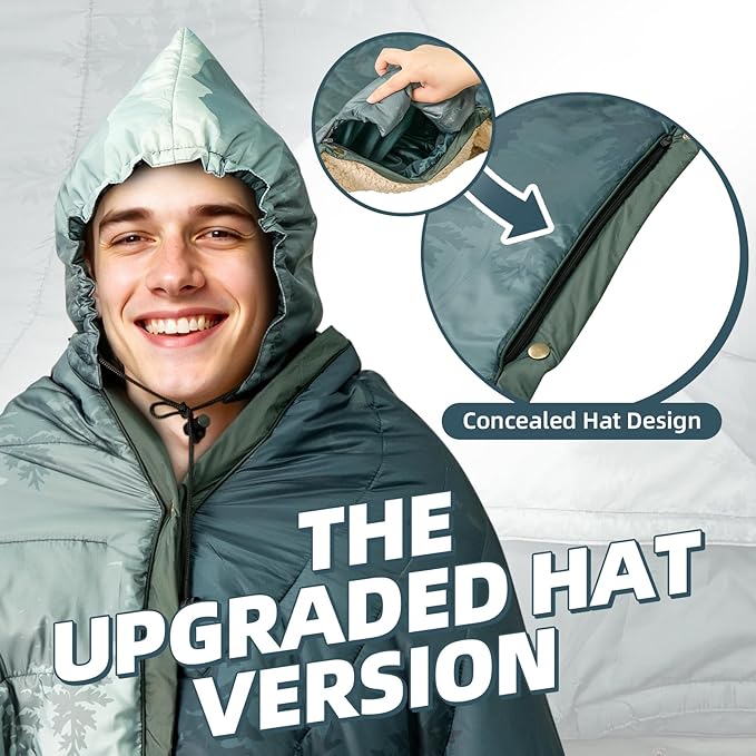 Outdoor Camping Blanket with Sherpa Lining Extra Warm Thick Camp Blankets and Puffy Ultralight Soft Poncho DWR Camping Quilt for Cold Weather Adventure Sleeping Backpacking 78x 56