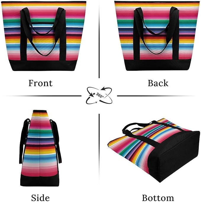 Insulated Shopping BagLarge Reusable Cooler Bags Colorful Mexican Stripes Printed Foldable Shopping BagTravel Waterproof Shoulder Bag