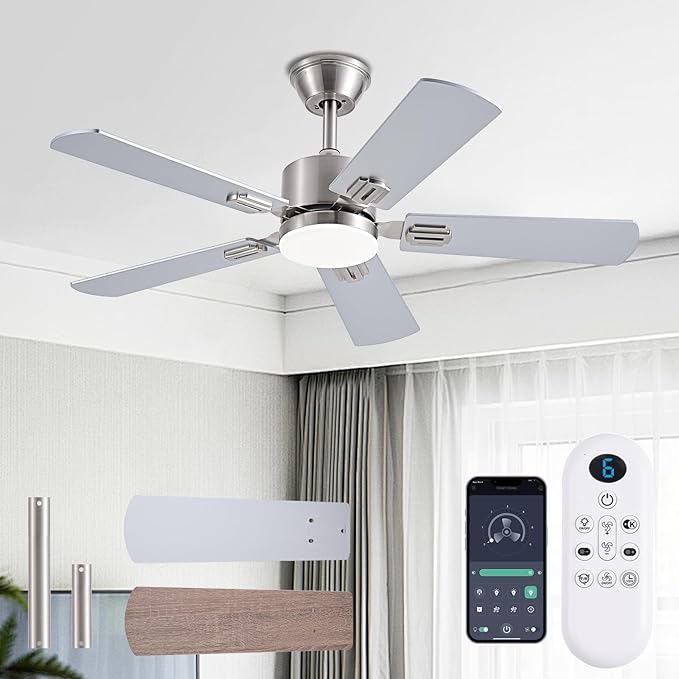42 inch Modern Ceiling Fans with Lights APP/Remote Control Low Profile Reversible 6 Speeds Dimmable Ceiling Fan Light for Indoor/Outdoor Bedroom Living Room（Nickel）