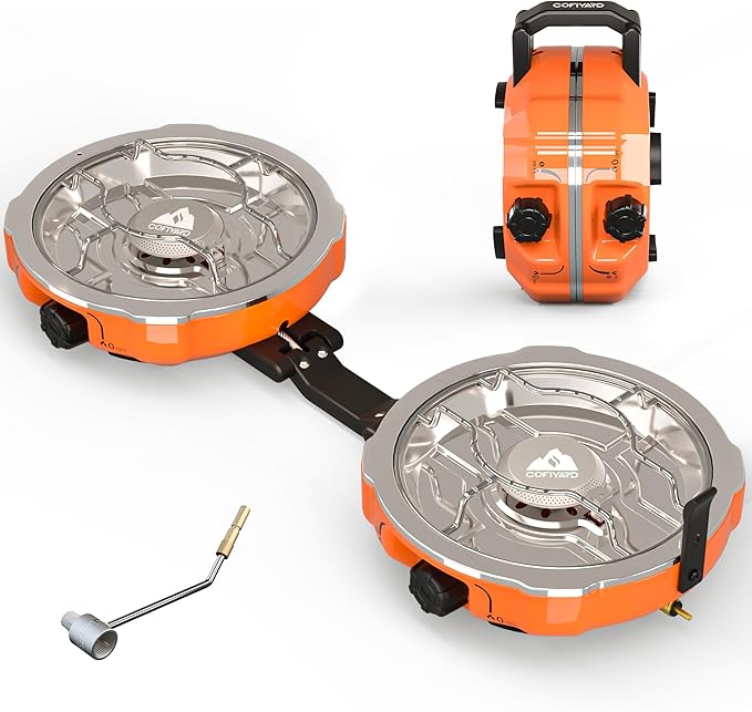 20000 BTUs 2 Burner Propane Camping Stove Portable Folding Camp Stove with Adjustable Burners Regulator and Carrying Bag Dual Gas Stoves Easy Carrying Handle for Tailgating Camping BBQ