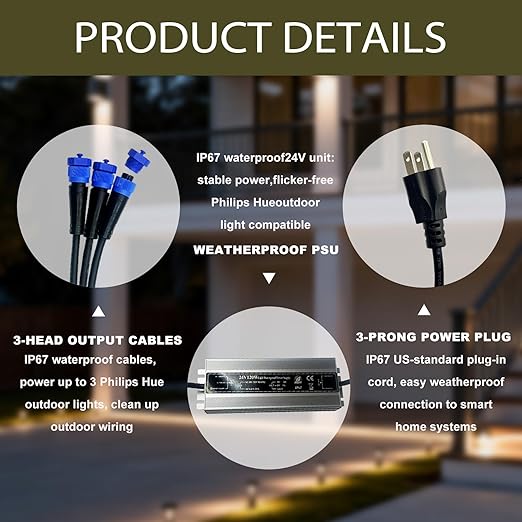 120W 24V Waterproof Power Supply 3-Head Output Adapter Compatible with Philips Hue Outdoor Lighting Lily Spot Lily XL Calla Pathway Impress Pedestal &amp Impress Wall Lights
