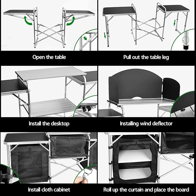 CampLand Folding Camping Kitchen Table with WindscreenPortable Outdoor Cooking Station with Storage Cabinet &amp Side Tables Heavy Duty Camp Cook Station for Camping &amp BBQ (Black3cabinet)