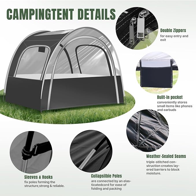 Camping &amp Sports Tent 82x59x65 in 3-4 Person PVC Tunnel Tent Weatherproof Sunshade No Condensation Spacious Interior Ultra Visibility for Sports Events Camping Fishing Cheering