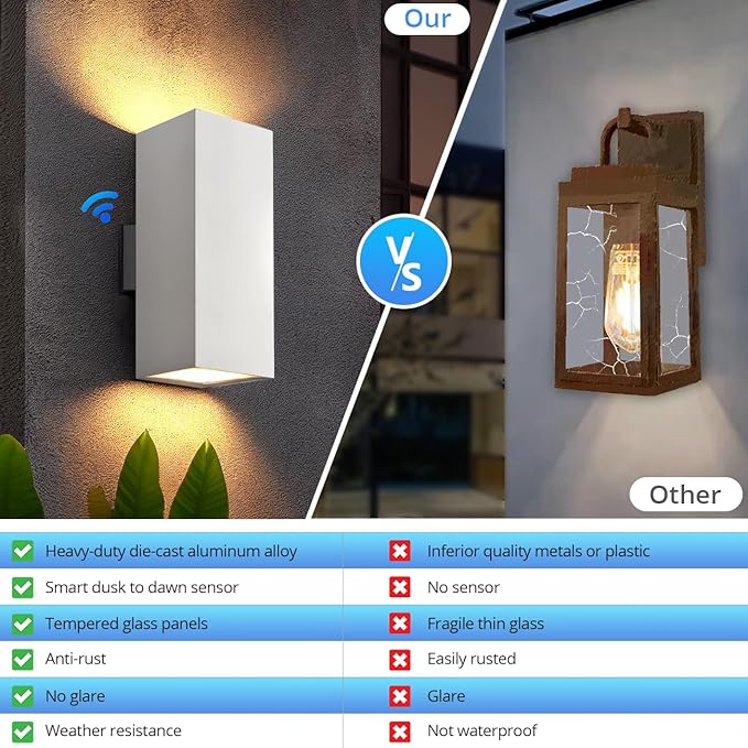 wowlite Modern Porch Lights White 2 Pack Dust to Dawn Outdoor Light Waterproof Outdoor Wall Lights Exterior Up and Down Lighting 13 Square Outdoor Wall Sconce Lights for House Garage Front Door