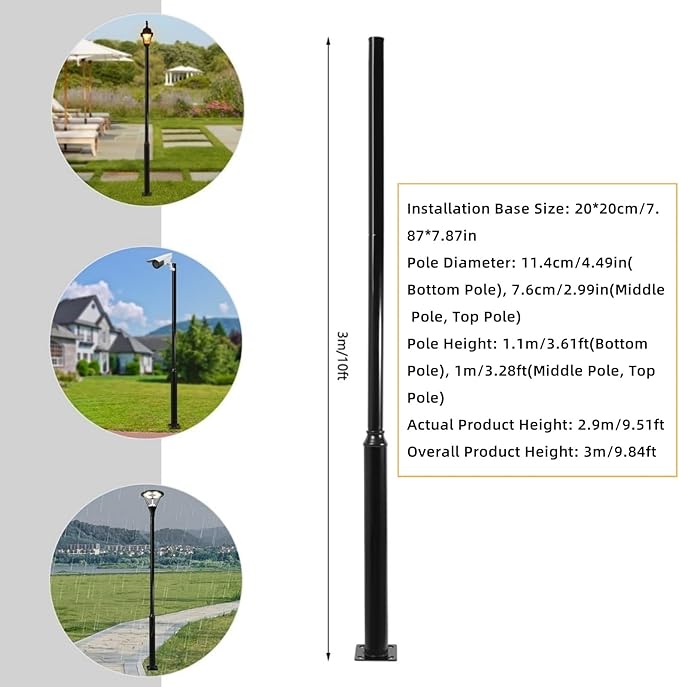 Street Light Pole 10ft Tall Galvanized Split Street Lamp Post for Outdoor Street Courtyard Parking Lot Lighting Post Fixtures with Mounting Ground Cage (10FT 114+76mm)