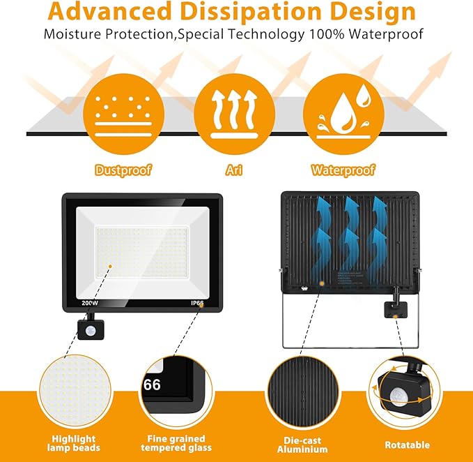 2 Pack 200W LED Motion Sensor Flood Light Super Bright IP66 Waterproof Outdoor 23000 lumens 5000K Daylight Dusk to Dawn Security Light for Front Porch Barn