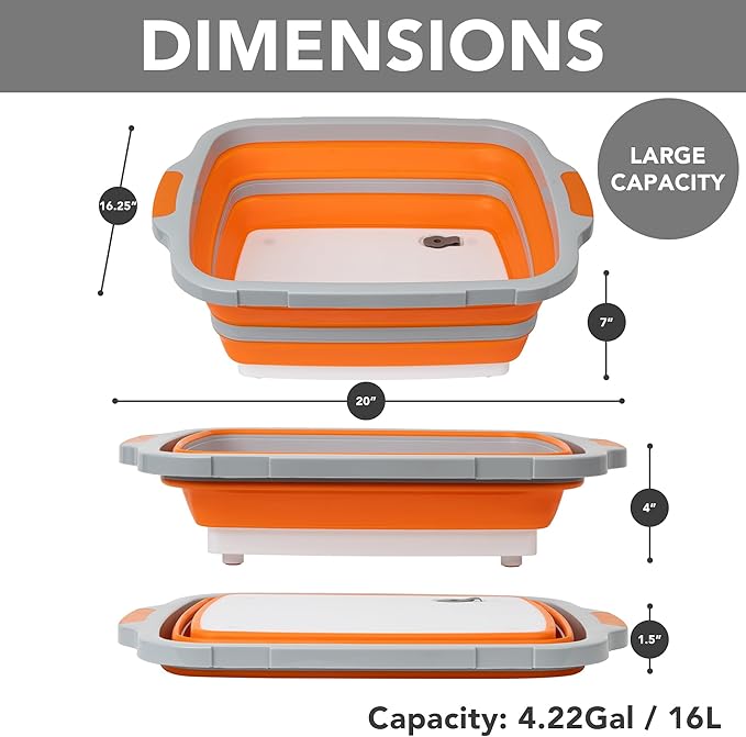 Tiawudi Large Collapsible BBQ Prep Tub with Locking Lid Basket for Meal Prep Marinating Food Storage Plastic Cutting Board(4.22 Gal/16L) Camping Sink with Colander Dish Basin