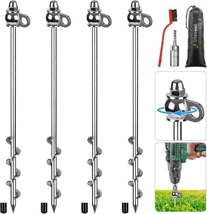 4 Pack Tent Stakes 16 Inch Heavy Duty Ground Anchors Full Welding Easy to Screw in and Reusable for Camping Tents Trampolines Sheds Swing Sets Securing Animals