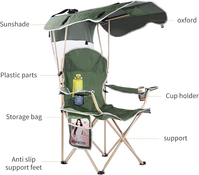 Portable Camping Chair with Canopy - Folding Chair with Canopy Durable 600D Oxford Canopy Chair for Camping Beach Picnics Fishing &amp Sports