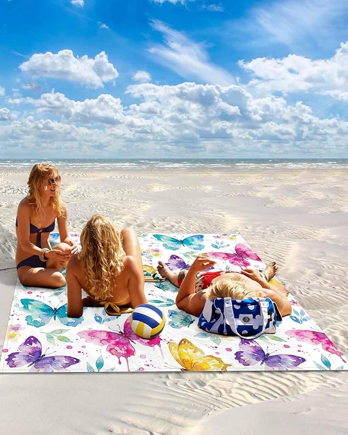 Beach Blanket Waterproof Sandproof OversizedWatercolor Country Butterflies Beach Mat with Corner Stakes Sand PocketsSpring Flowers Art Outdoor Picnic Mat for Travel Camping Hiking108x84In