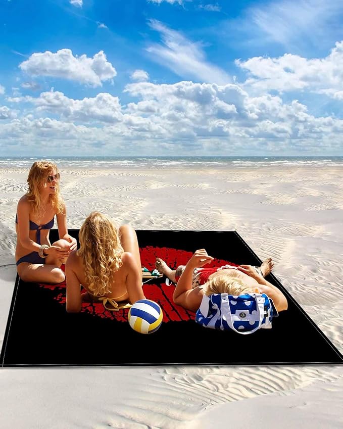 Beach Blanket Waterproof Sandproof Oversized Red Lip Print Kiss Me Beach Mat with Corner Stakes Sand Pockets Black Back Outdoor Picnic Mat for Travel Camping Hiking 108x84In