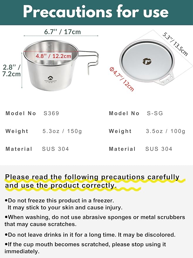 CAMPINGMOON 600ml (20oz) Stainless Steel Camping Mug Lightweight Outdoor Cooking Cup for Backpacking Hiking and Campfire Use (Silver (cup+lid))
