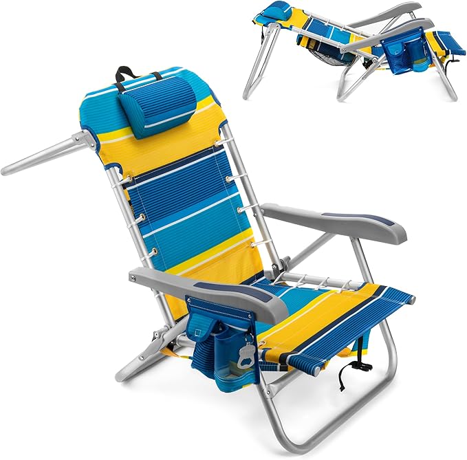Homevative Backpack Fold-Up Beach Chair 5 Positions Towel bar Cooler Storage Pouch Cup Holder and Phone Pocket