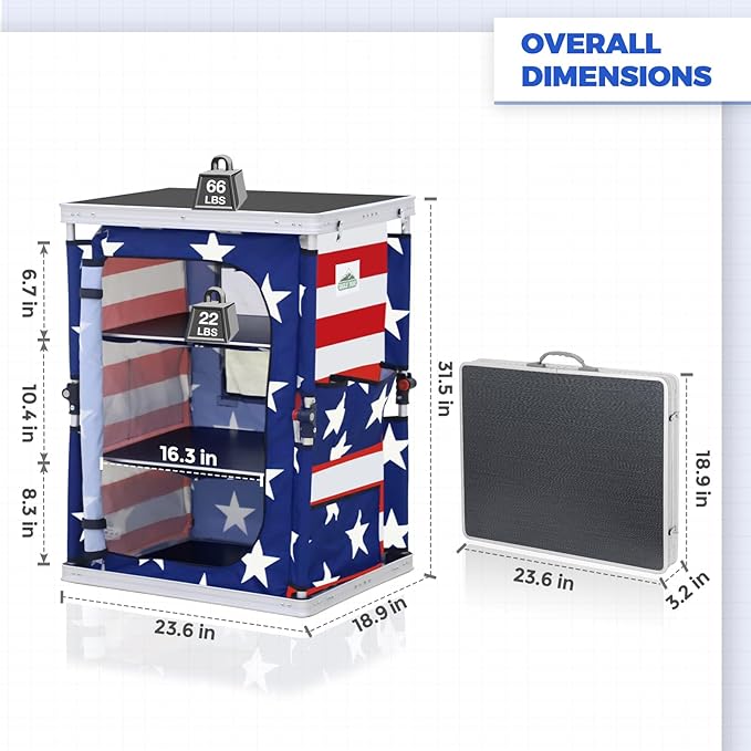 EAGLE PEAK Outdoor Folding Camping Table with Large 3-Tier Storage Organizer and Side Pockets Easy Set Up Portable Aluminum Camping Kitchen American Flag