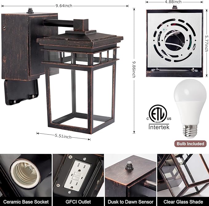 Dusk to Dawn Outdoor Wall Lighting with OutletPorch Light with GFCI Outlet Built inAnti-Rust Alunmium Wall Lantern with Clear Glass ShadeOutdoor Light for House Garage Bulb Included(Brown)