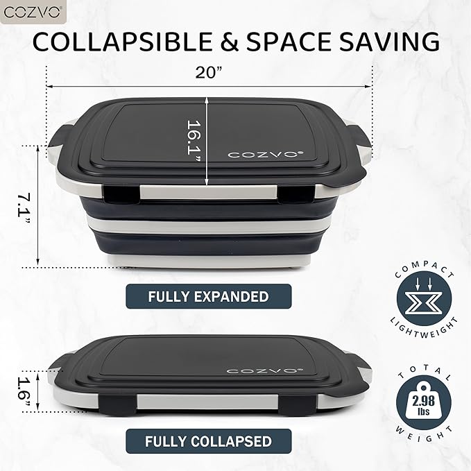 6-in-1 Collapsible BBQ Prep Tub &amp Marinade Container with Locking Lid | 20 Multifunction Camping Sink Portable Cutting Board and Food Storage Bin for Grilling Picnics Tailgating - Black