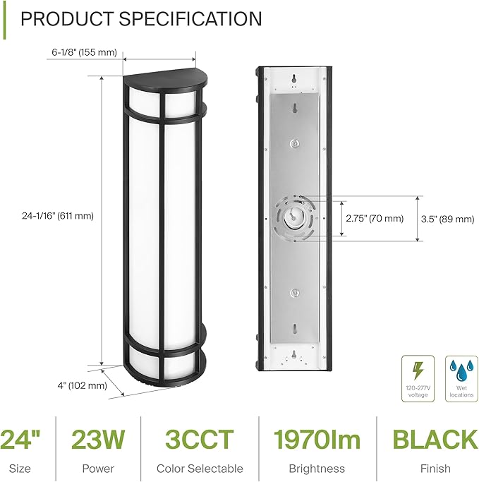 ASD LED 24 Half Cylinder Wall Light Fixture Outdoor Patio Sconce | 3CCT Stainless Steel Waterproof Energy Star ETL Listed | 24W 1970LM 3000-5000K 100-277V | Exterior Lighting | Black 4 Pack