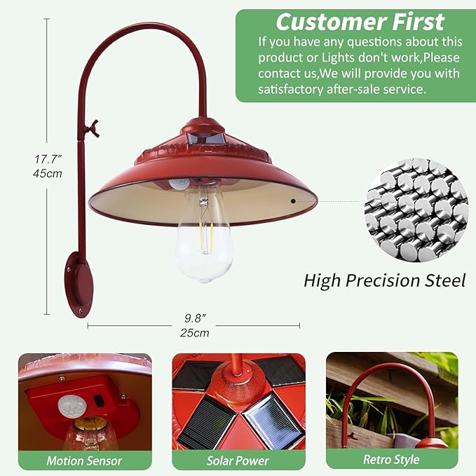 Solar Gooseneck Lights Outdoor Waterproof - Motion Sensor Rustic Vintage Porch Lights with Clear Glass LED Edison Bulbs and 4 Solar Panels for BarnPatioCoopShed and Courtyard(Red 2P)