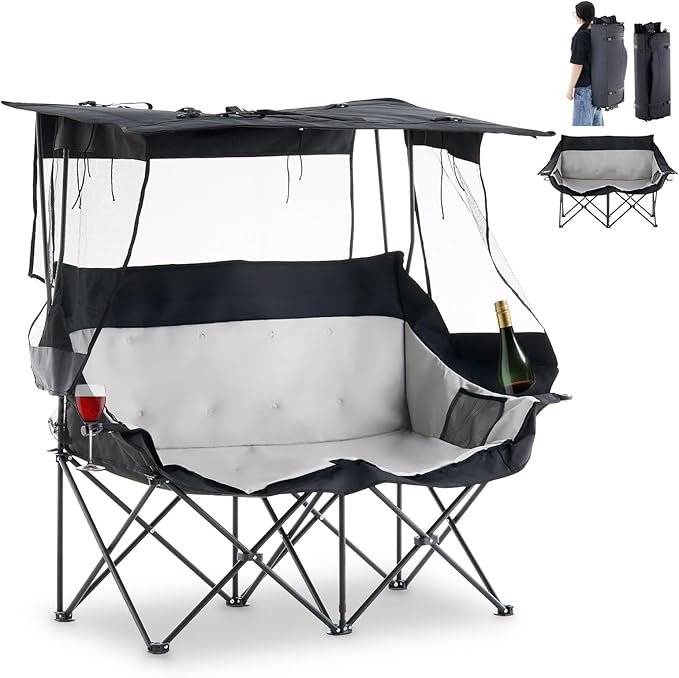 TUKAILAi Double Camping Chair with Canopy Shade Oversized Folding 2 Person Loveseat with Cup Holders and Side Pockets Portable Outdoor Couch for Beach Lawn Picnic Fishing (Black + Grey)