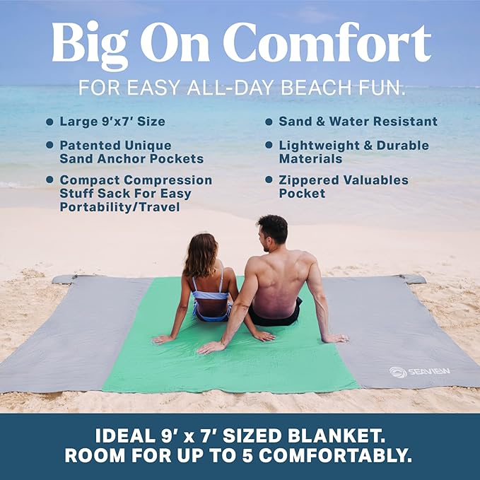 Seaview 180° Beach Blanket Waterproof Sandproof Extra Large 6x7 Sand Free Beach Mat for 1-6 Adults Oversized Outdoor Blanket with 4 Sand Pockets Portable Lightweight Packable - Picnic Mat