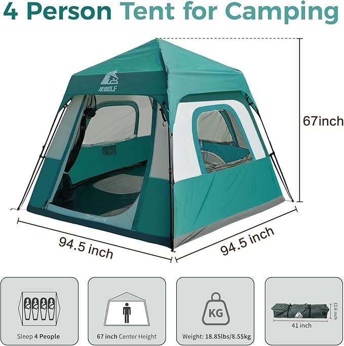 Hewolf Instant Tent for 4-6 Person Camping Waterproof Easy Pop Up Tent Sets Up in 60 Seconds for Family Outdoor Hiking &amp Backpacking with Carry Bag
