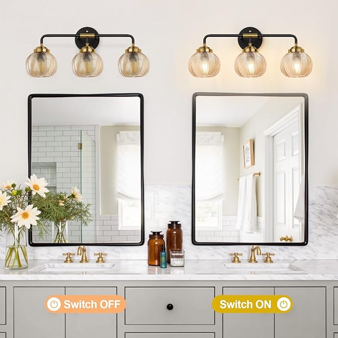 Bathroom Light Fixtures 3-Light Amber Vanity Lights with Unique Leaf Texture Glass Shade Modern Matte Black and Gold Bathroom Wall Lamp for Mirror Hallway Cabinet Living Room