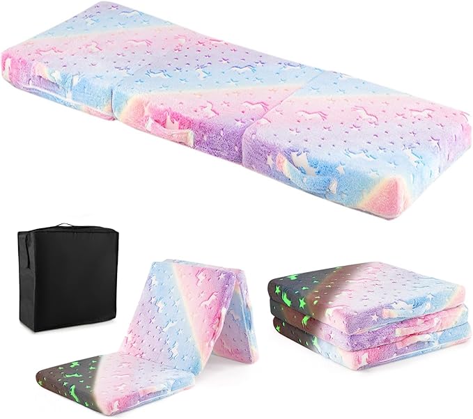 Costzon Foldable Floor Mattress for Kids Glow in The Dark Toddler Floor Nap Mat w/Washable Flannel Cover Tri-Folding Children Floor Bed for Sleeping Daycare Playroom School Kindergarten or Nursery