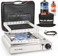 Dual Fuel Camp Stove with Butane and Propane Compatibility 10500 BTU Portable Camping Stove with Carrying Case Storage Bag Adapter Hose Wind Guard Outdoor Camping Essentials