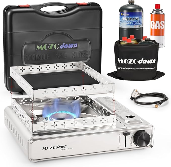 Dual Fuel Camp Stove with Butane and Propane Compatibility 10500 BTU Portable Camping Stove with Carrying Case Storage Bag Adapter Hose Wind Guard Outdoor Camping Essentials