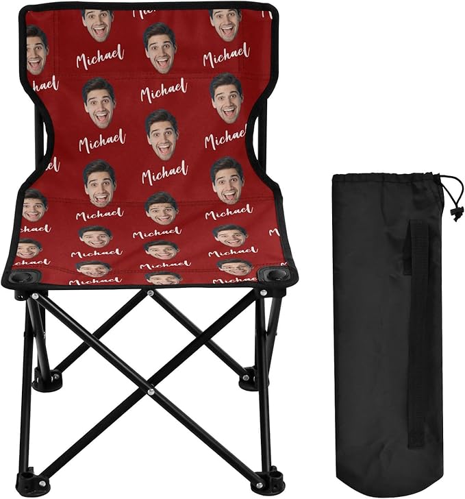 Sinestour Dark Red Custom Photo Folding Camping Chair for Teen Child Personalized Name 14.6×14.6in Portable Outdoor Chair with Carry Bag for Beach Picnic Barbeques