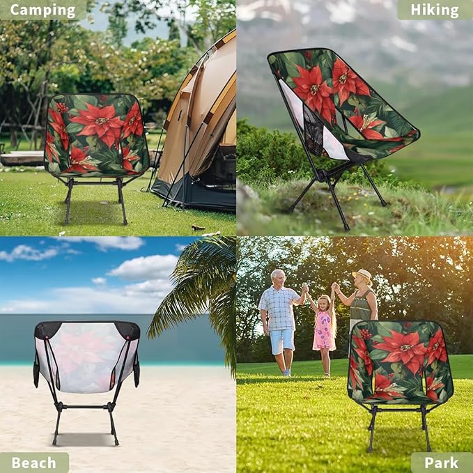 Portable Camping Chair Holly Berry Flowers Ultralight Folding Camping Chair Christmas Flowers Backpacking Hiking Chair with Cup Holder for Outdoor Travel Beach Picnic Festival 176 lbs Capacity