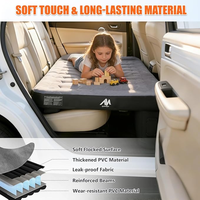 AYAMAYA Car Air Mattress Back Seat Inflatable Car Bed with Built-in Cordless Rechargeable Air Pump for SUV Sedan All-in-One Car Mattress with Pillow &amp Support Column for Camping Road Trip Tra