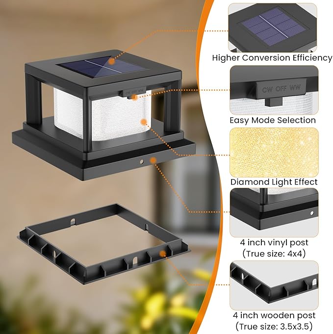 Mlambert 8 Pack Solar Post Lights Outdoor 2 Modes LED Fence Cap Light for 4x4 Post Waterproof Deck Light Patio Garden Decor Warm/Cool White Black