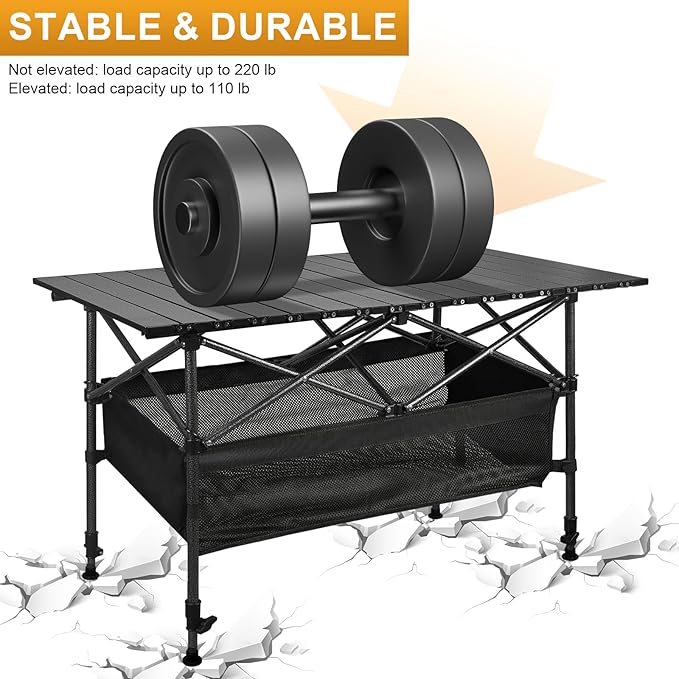 Folding Camping Table Outdoor Roll-up Table Height Adjustable &amp Portable Metal Camp Grill Table for Picnic BBQ Party Backyard Beach Mesh Storage and Carry Bag (Ash Black 47.24'' X-Large)