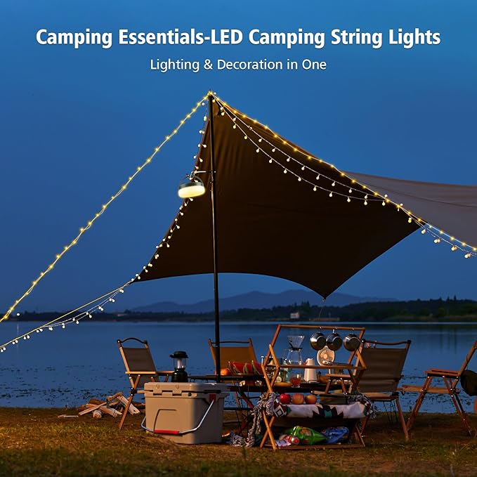 2PCS Camping String Lights 33ft 4 in 1 Rechargeable 100LED Outdoor Tent String Lights with 14 Lighting Modes Remote Control Waterproof with Timer Function for Camping Gear Essentials Hiking Garden