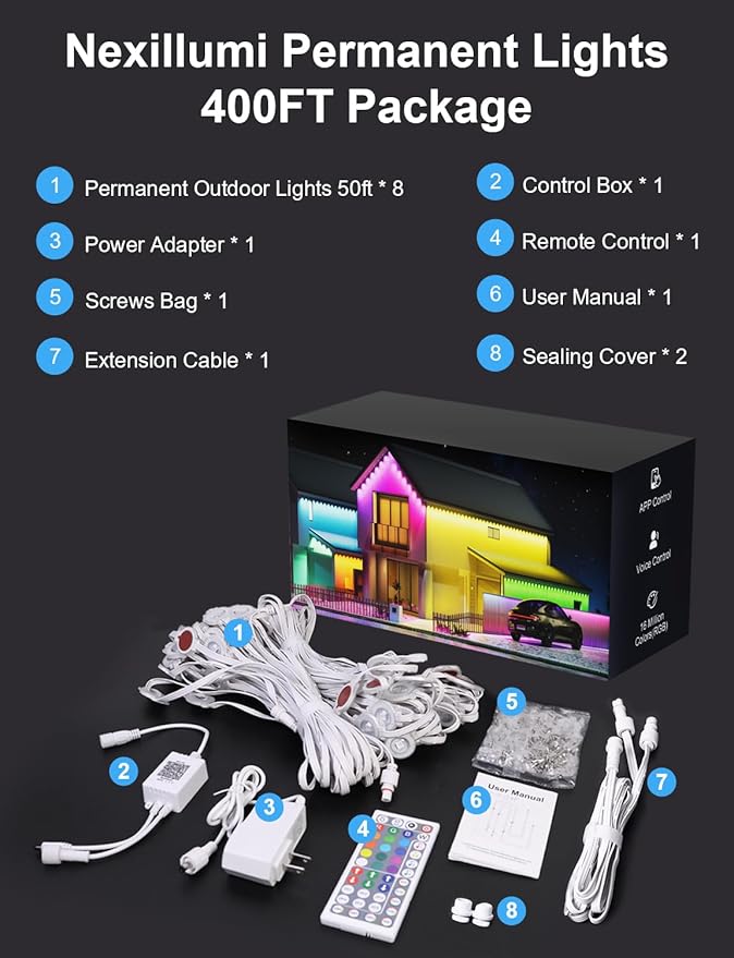 Nexillumi 400ft Permanent Outdoor Lights for House 2025 New Smart RGB Christmas Lights Outdoor with APP Remote Control IP67 Waterproof Eternity Eaves Lighting for Christmas Decorations
