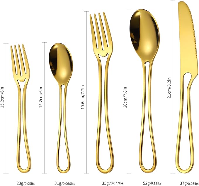 Gold Silverware Hollow 20 Piece Flatware Set For 4 Kitchen Cutlery Stainless Steel Forks Spoons and Knives Unique Utensils Party Festival Restaurant Durable