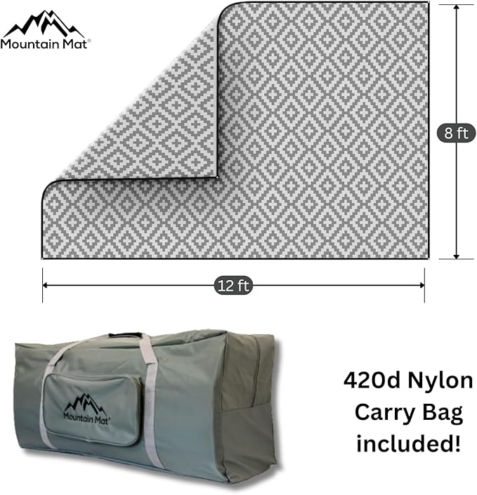 Mountain Mat Premium Outdoor RV Patio mat Sizes 8' x 12' 8' x 16' 8' x 20' Made from 100% Recycled Plastic for Tents Decks Campers and Beach – with Durable Carry Bag (8x12 Grey Diamond)